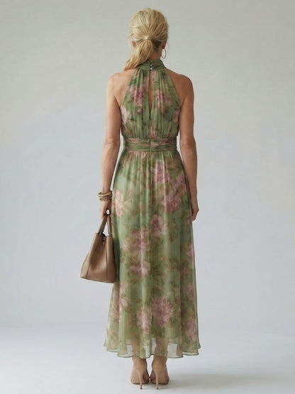 Robe longue fleurie à col licou, vue de dos