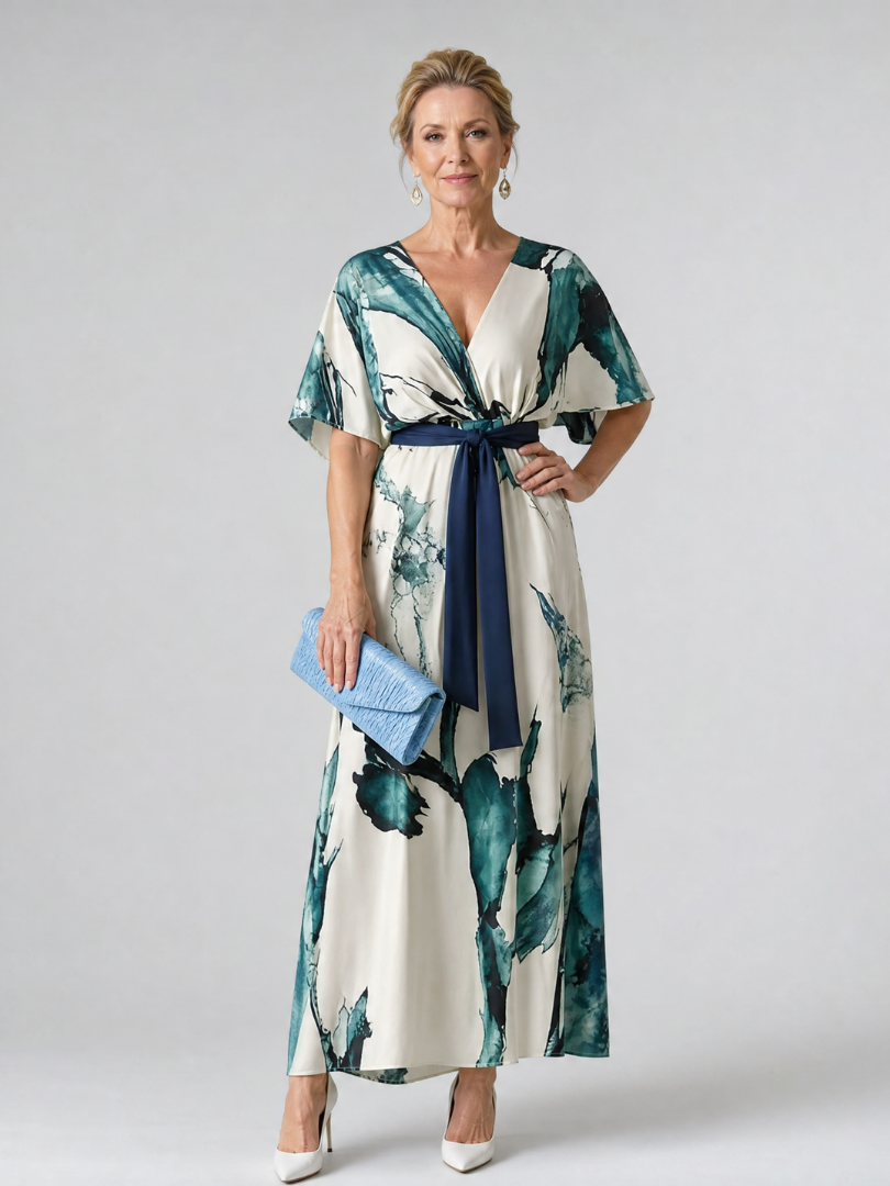 Hyacinthe — Robe longue à manches papillon et ceinture, coloris Écru et vert canard
