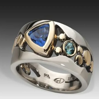 Triangle Bleu | Bague large argentée avec pierres bleues – Vue 02
