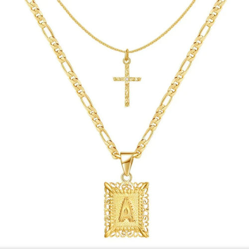 Carine | Ensemble collier croix et initiale – Vue 01