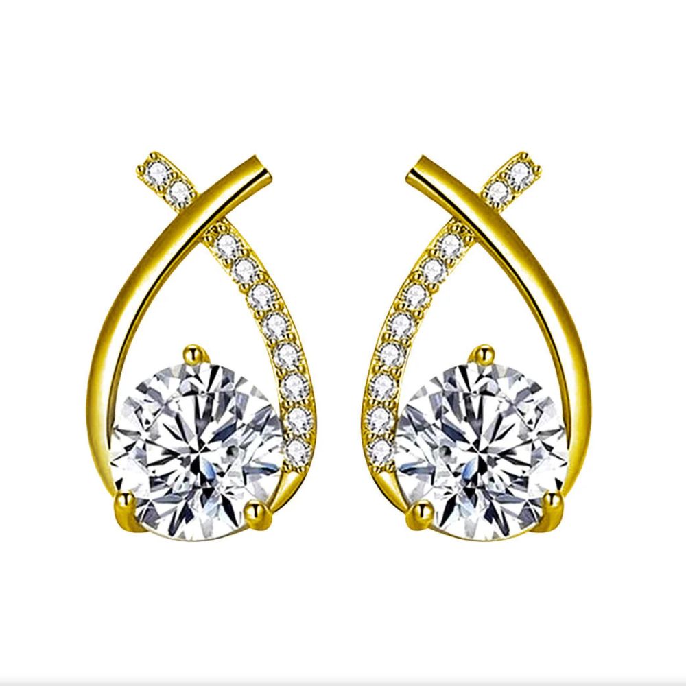Forme du Souhait | Boucles d'oreilles dorées avec pierres claires en forme courbée – Vue 01