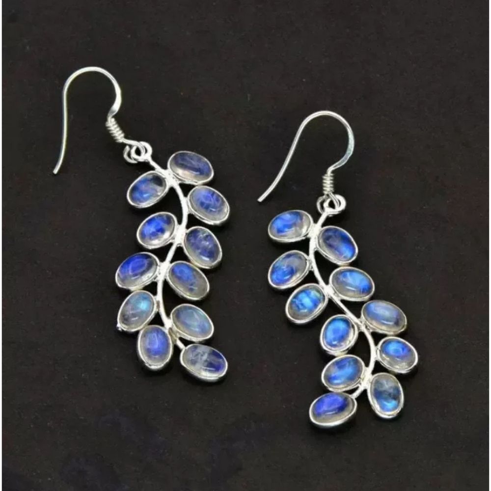 Feuille Bohème | Boucles d'oreilles argentées avec feuilles bleues – Vue 01