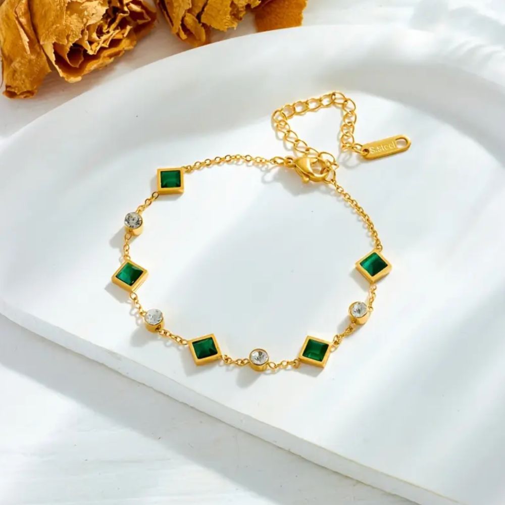 Trèfle à Quatre Feuilles | Bracelet doré avec maillons trèfle verts – Vue 01