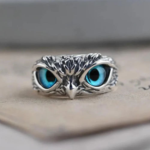 Gardien Hibou | Bague argentée à motif de hibou et pierres bleues – Vue 01