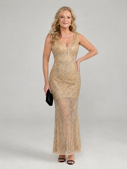 Irma — Robe longue en dentelle brodée de perles, coloris Doré
