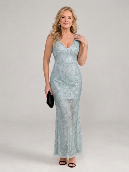 Irma — Robe longue en dentelle brodée de perles, coloris Bleu givré