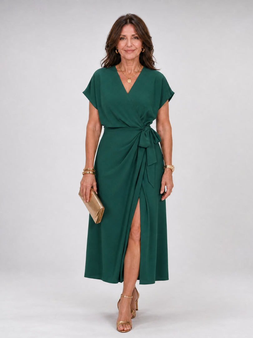 Alix — Robe portefeuille midi à manches courtes, coloris Vert émeraude