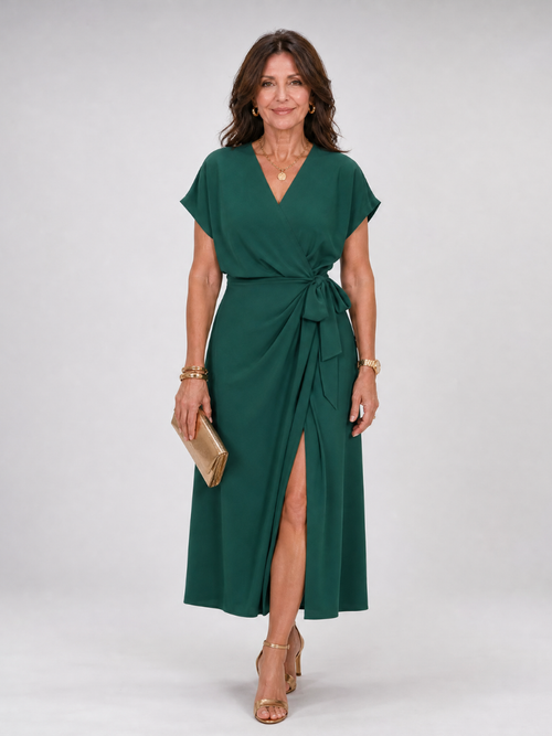 Alix — Robe portefeuille midi à manches courtes, coloris Vert émeraude