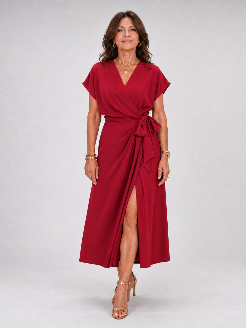Alix — Robe portefeuille midi à manches courtes, coloris Rouge