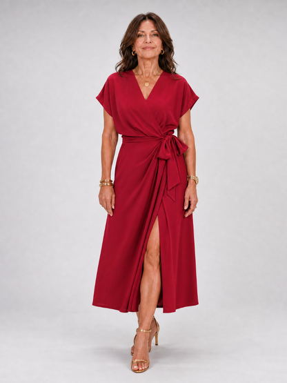 Alix — Robe portefeuille midi à manches courtes, coloris Rouge