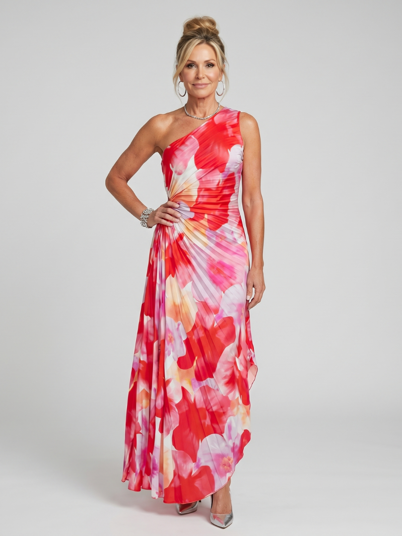 Quiterie — Robe longue asymétrique en plissé, coloris Corail fleuri