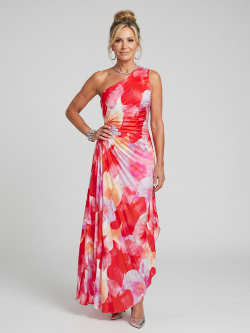 Quiterie — Robe longue asymétrique en plissé, coloris Corail fleuri