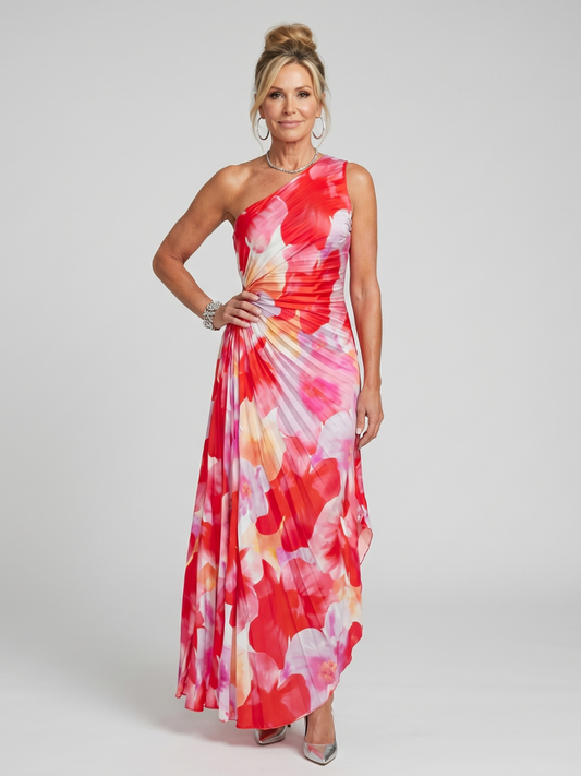 Quiterie — Robe longue asymétrique en plissé, coloris Corail fleuri