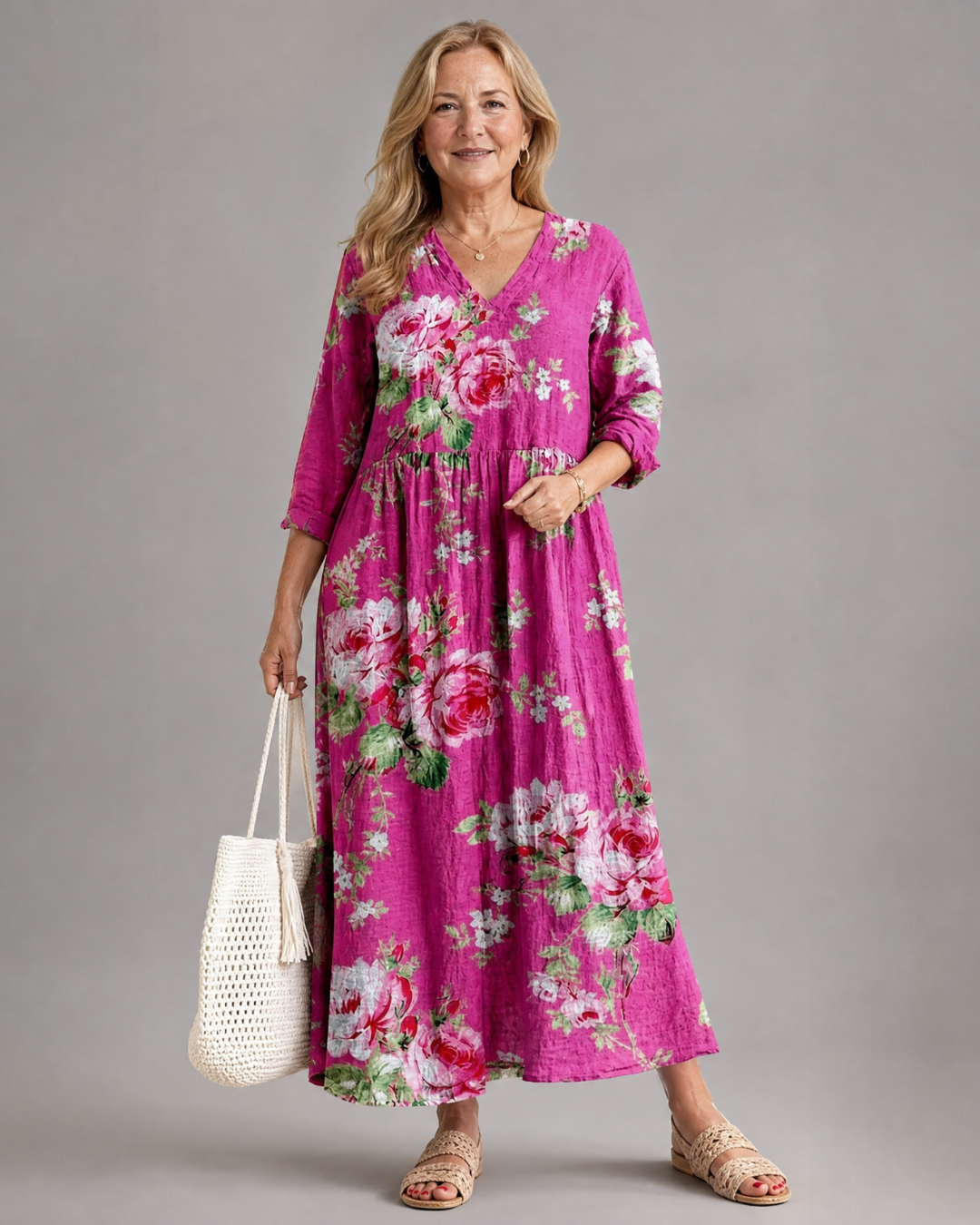 Cécile — Robe longue à roses vintage, coloris Fuchsia fleuri