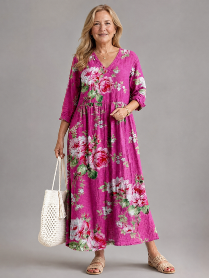 Cécile — Robe longue à roses vintage, coloris Fuchsia fleuri