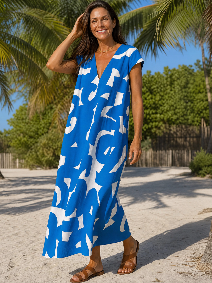 Ondine — Robe longue à imprimé graphique, coloris Bleu et blanc