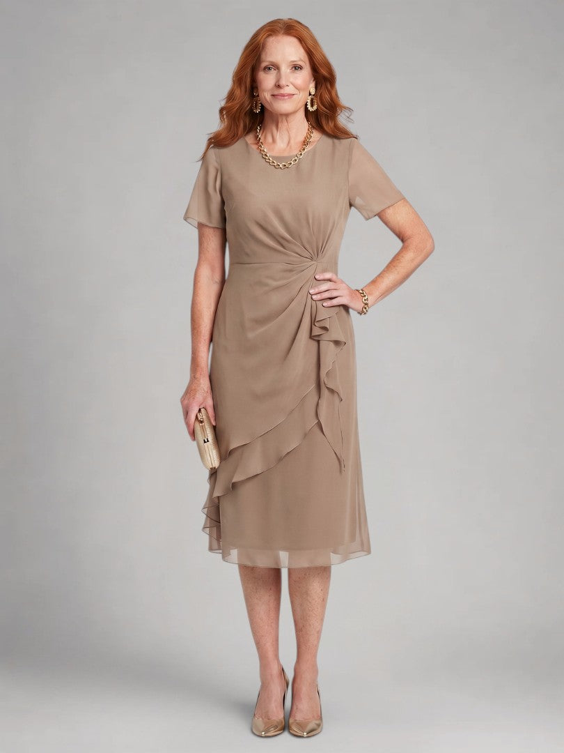 Philippa — Robe midi à volants et taille torsadée, coloris Taupe