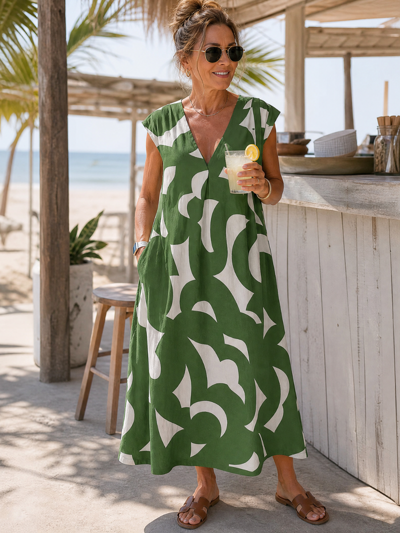 Ondine — Robe longue à imprimé graphique, coloris Vert et blanc