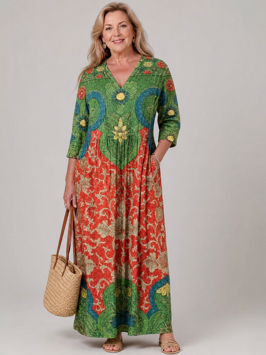 Simone — Robe longue à motif vintage abstrait, coloris Vert et corail