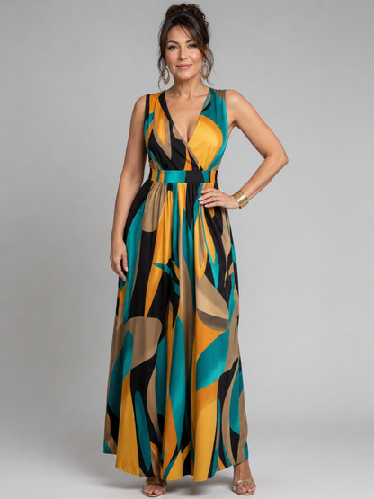 Ségolène — Robe longue à imprimé abstrait et ceinture, coloris Imprimé abstrait