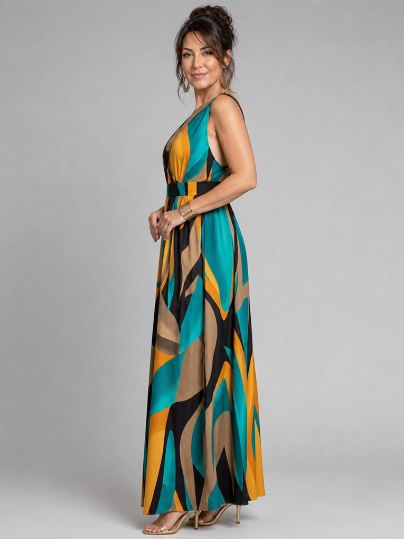 Ségolène — Robe longue à imprimé abstrait et ceinture