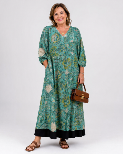 Ernestine — Robe longue à rinceaux botaniques, coloris Vert d'eau