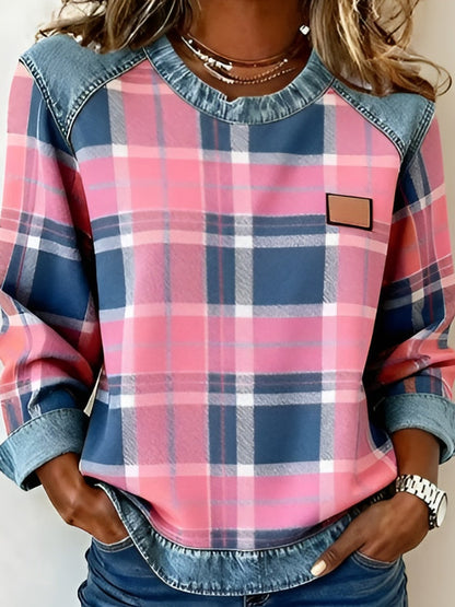 Bérengère | Top à carreaux et empiècements en jean — Carreaux rose