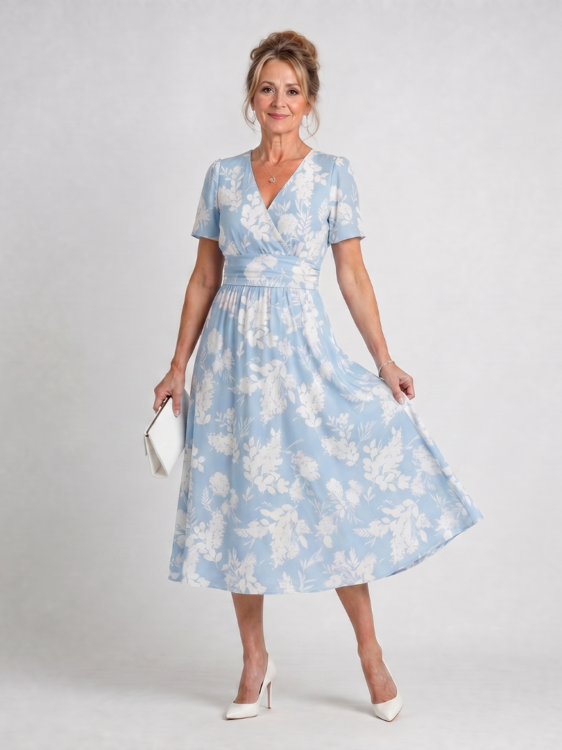 Léonide — Robe midi cache-cœur à taille froncée, coloris Bleu ciel à fleurs blanches