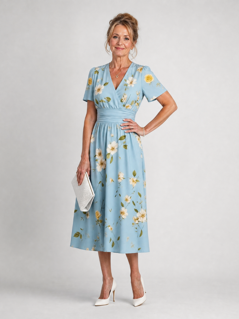 Léonide — Robe midi cache-cœur à taille froncée, coloris Bleu ciel fleuri
