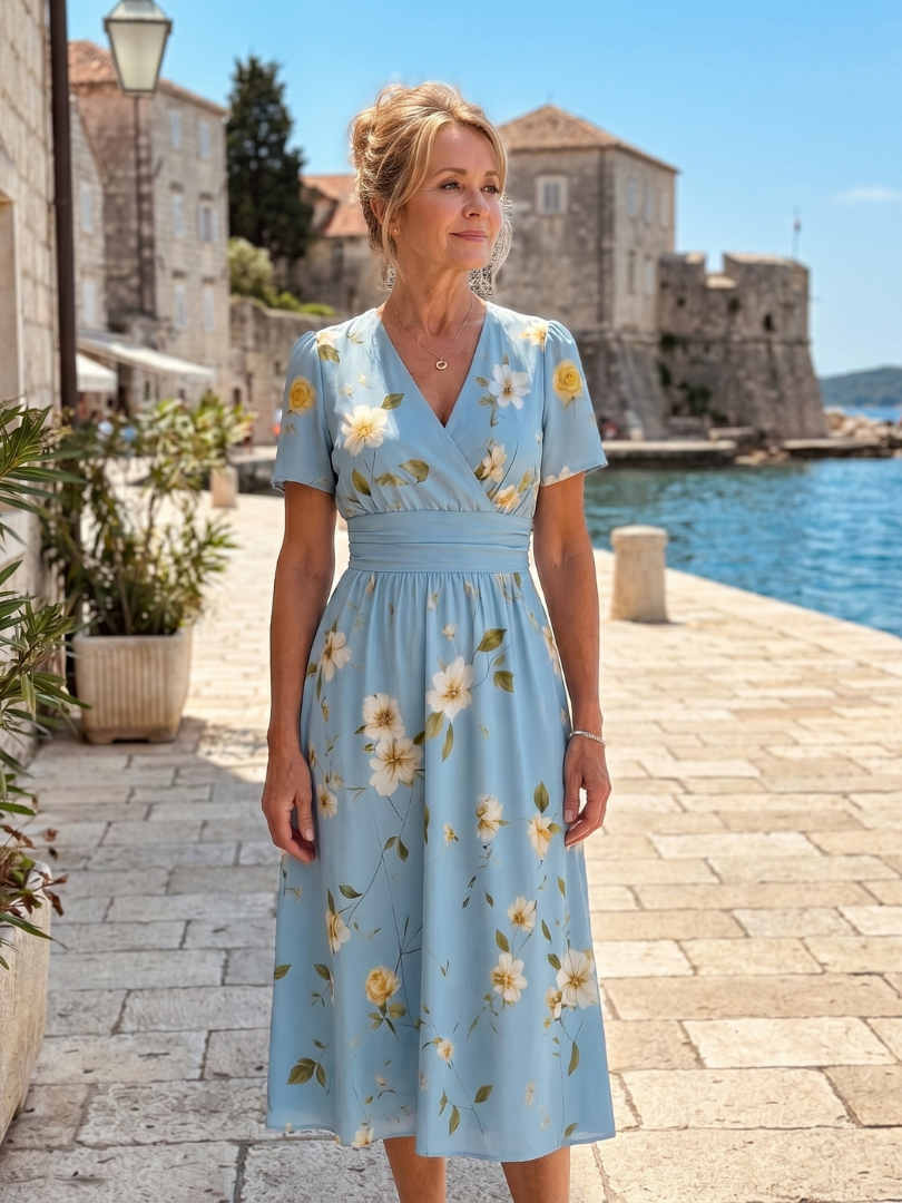 Léonide — Robe midi cache-cœur à taille froncée