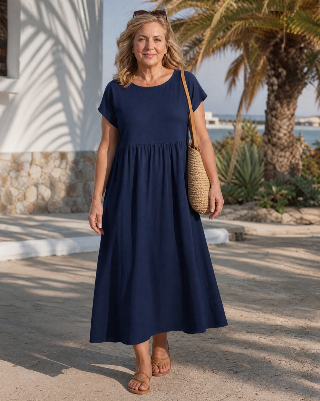 Lauriane — Robe longue à taille froncée et poches, coloris Bleu marine