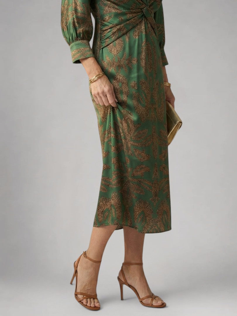 Sylviane — Robe midi drapée à manches longues
