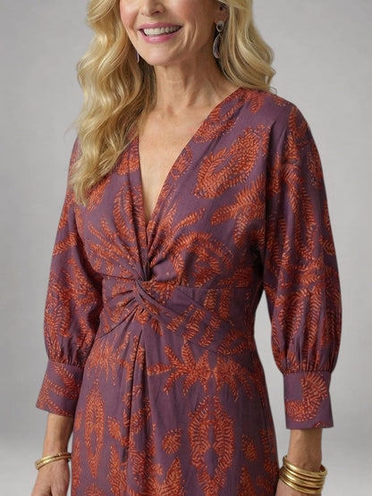 Sylviane — Robe midi drapée à manches longues