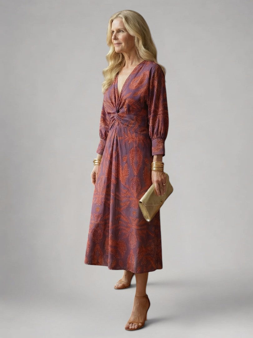 Sylviane — Robe midi drapée à manches longues