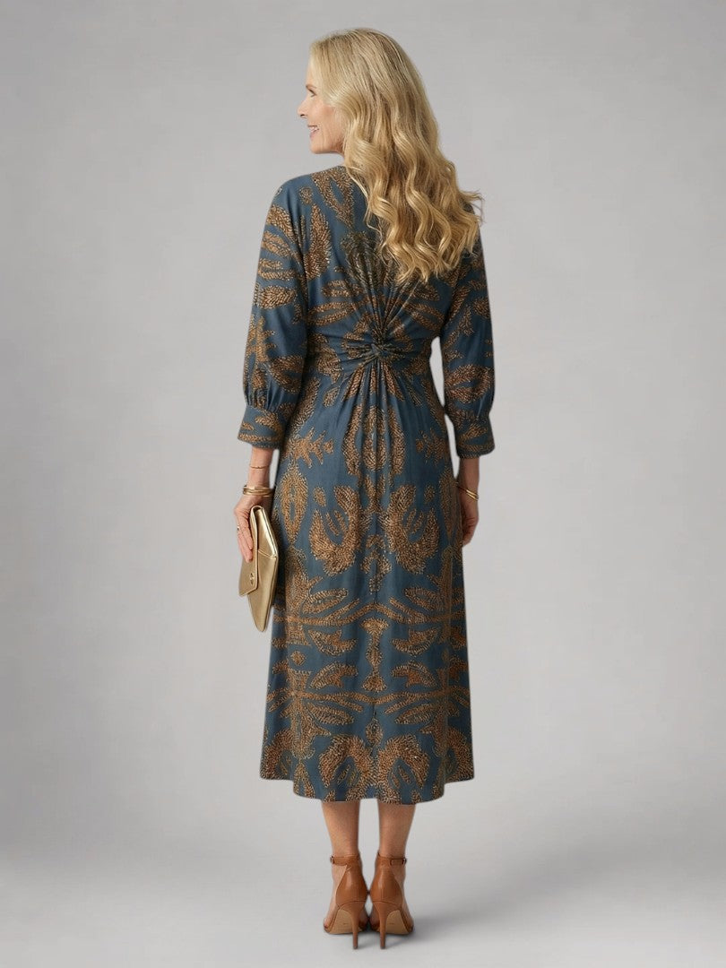 Sylviane — Robe midi drapée à manches longues
