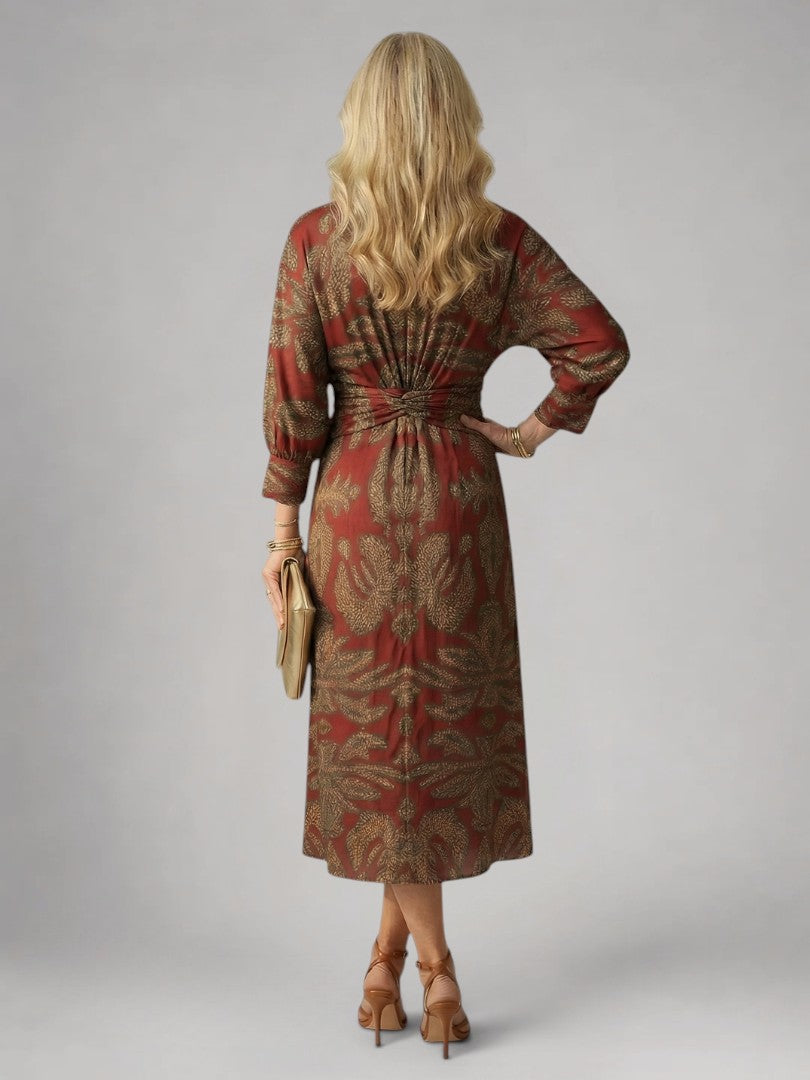 Sylviane — Robe midi drapée à manches longues