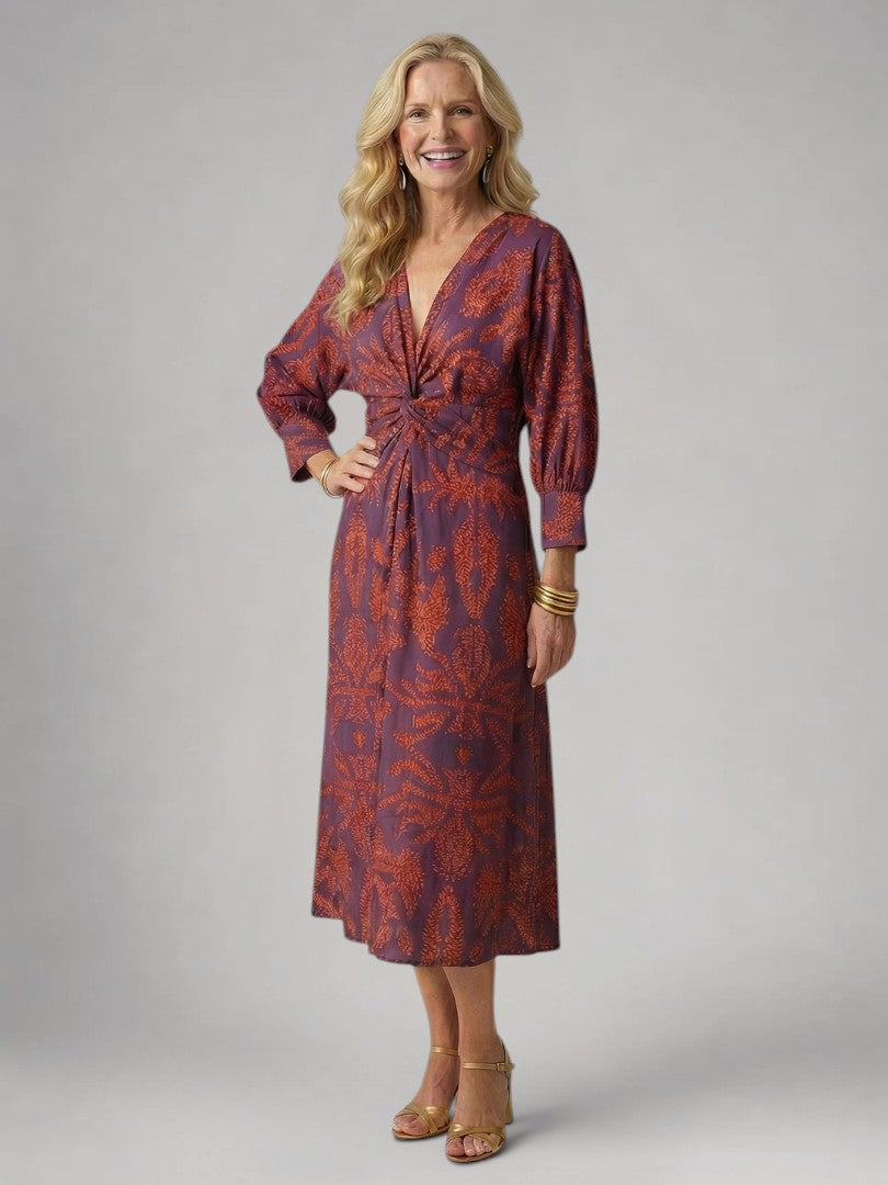 Sylviane — Robe midi drapée à manches longues, coloris Prune et orange