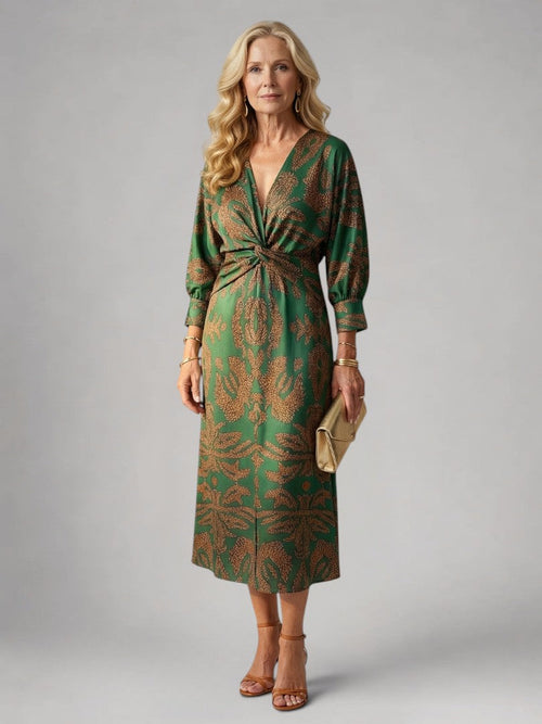 Sylviane — Robe midi drapée à manches longues, coloris Vert et or