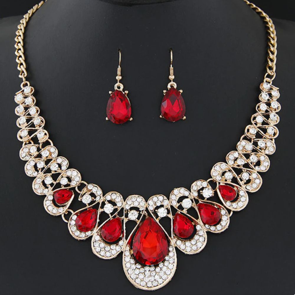 Vivienne | Parure avec pierres gouttes rouges – Vue 01