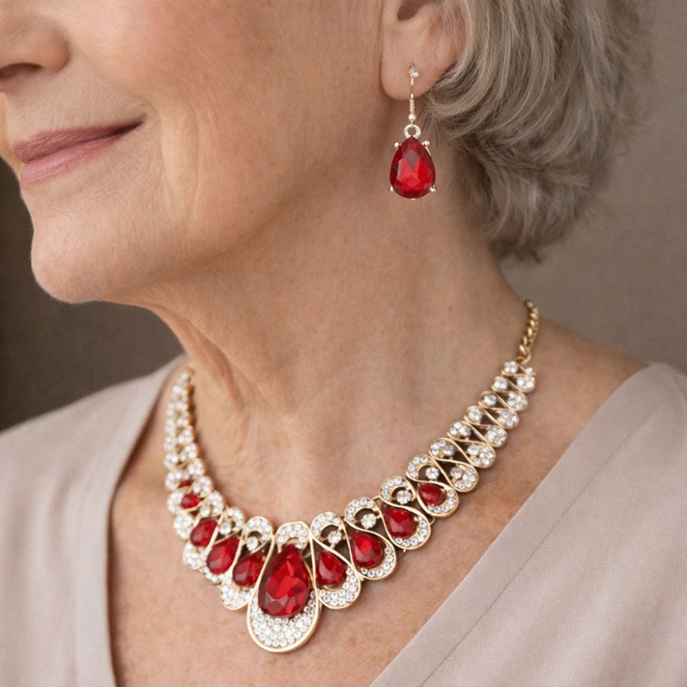 Vivienne | Parure avec pierres gouttes rouges – Vue 02