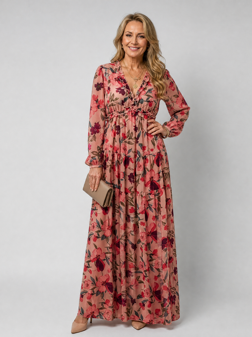 Lorraine — Robe longue fleurie à volants et manches longues, coloris Rose fleuri