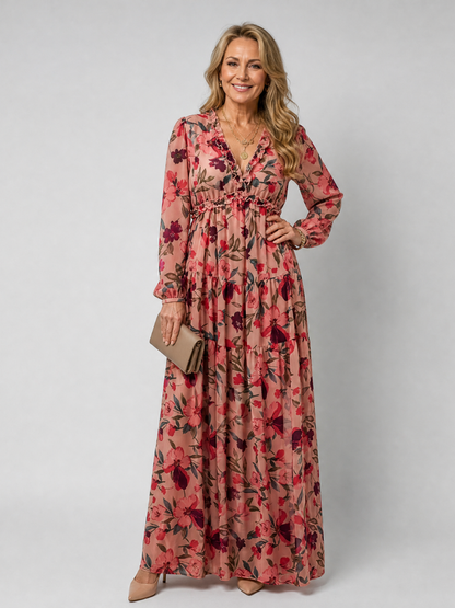 Lorraine — Robe longue fleurie à volants et manches longues, coloris Rose fleuri