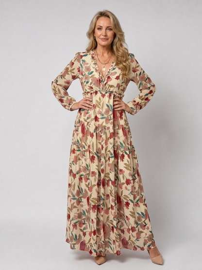 Lorraine — Robe longue fleurie à volants et manches longues, coloris Écru à fleurs rouille