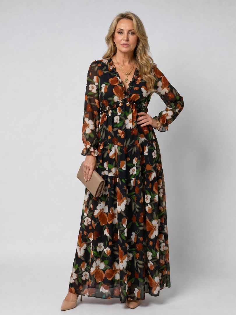 Lorraine — Robe longue fleurie à volants et manches longues, coloris Noir à fleurs rouille et blanches