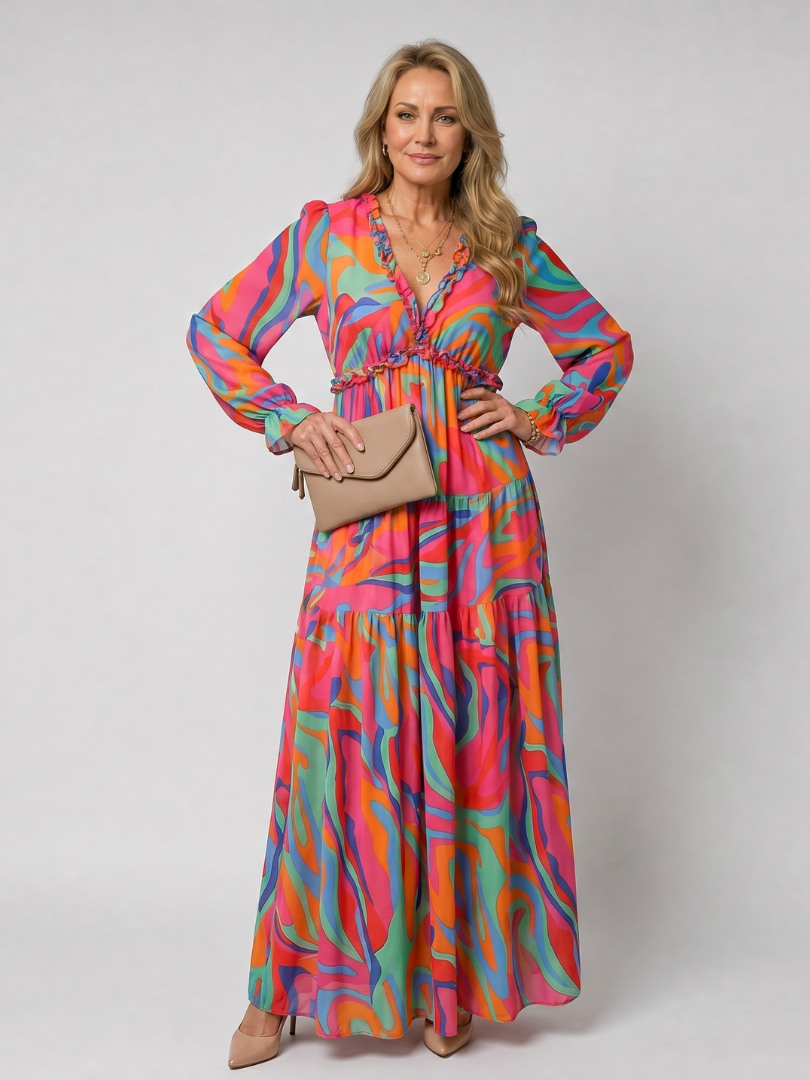 Lorraine — Robe longue fleurie à volants et manches longues, coloris Multicolore
