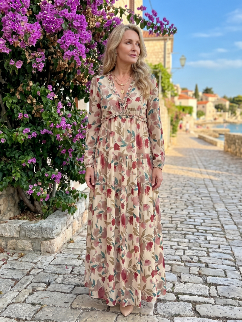 Lorraine — Robe longue fleurie à volants et manches longues