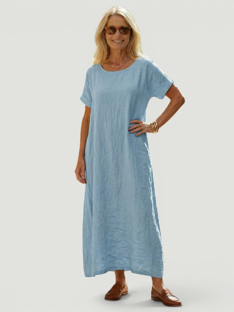 Soline — Robe longue droite à encolure ronde, coloris Bleu ciel