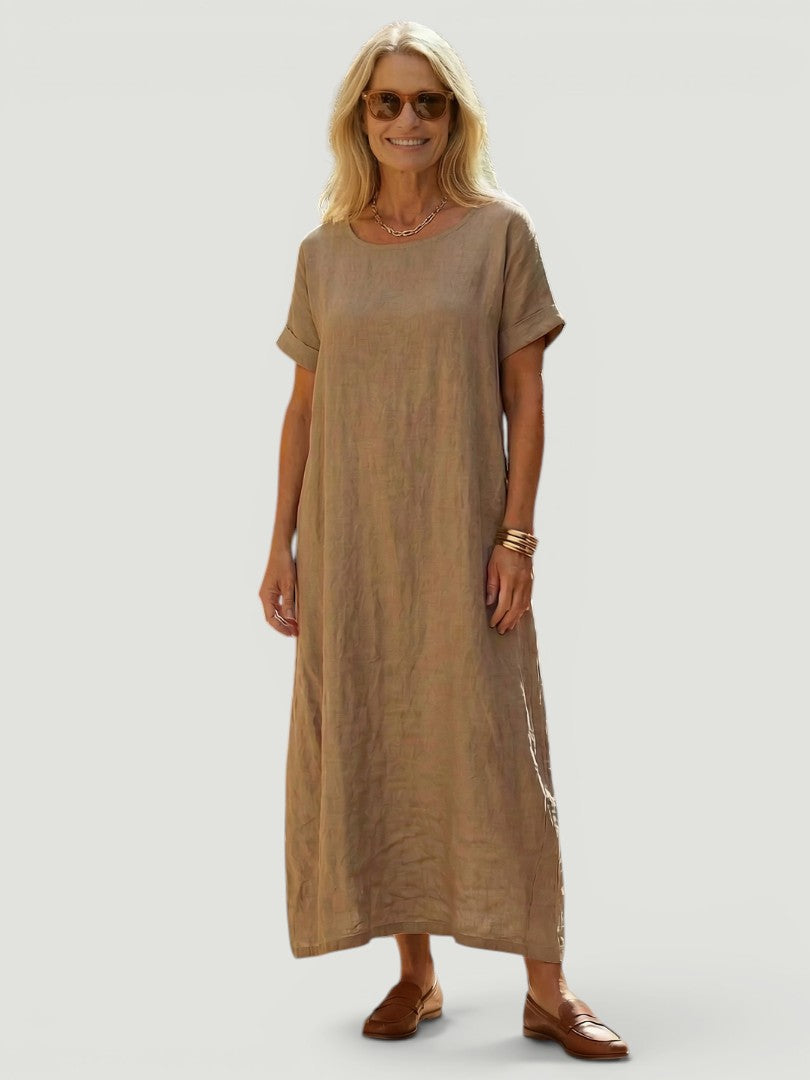 Soline — Robe longue droite à encolure ronde, coloris Taupe