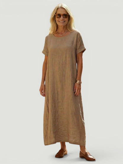 Soline — Robe longue droite à encolure ronde, coloris Taupe
