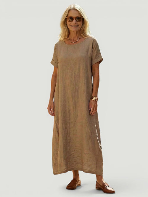Soline — Robe longue droite à encolure ronde, coloris Taupe